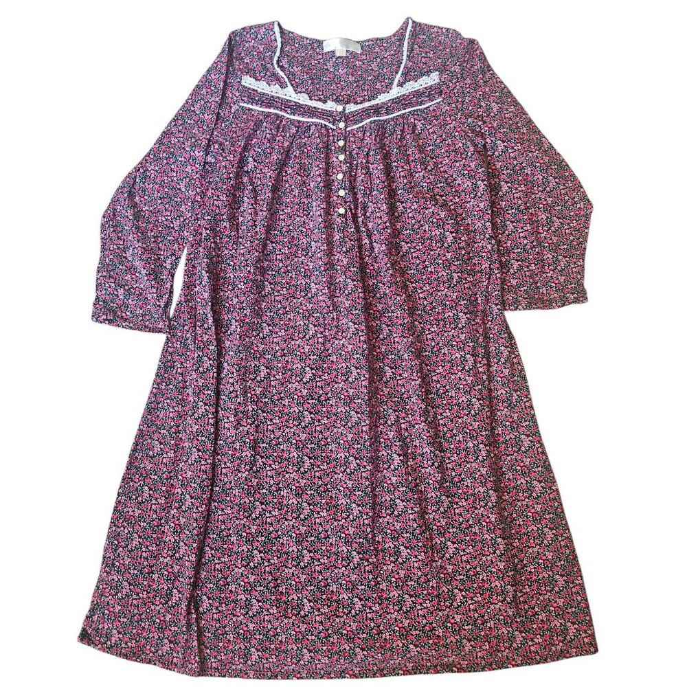 Eileen West Floral Nightgown Womens Large Flannel Pink Cotton Cottagecore Granny
